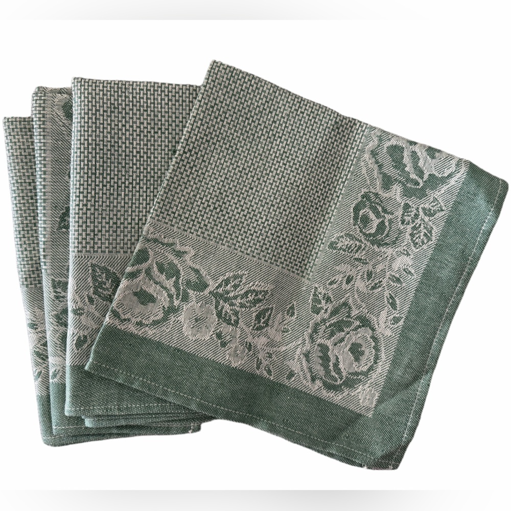 Set of 4 Green Floral Linen/Cotton Blend Cloth Napkins